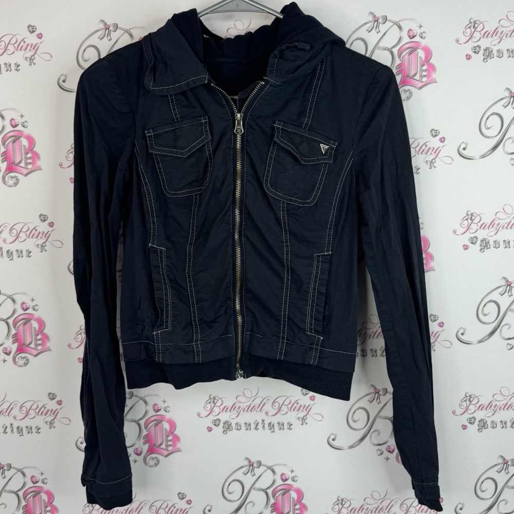 Guess jacket hood zip up logo pockets cargo Black Utility Jacket for Women